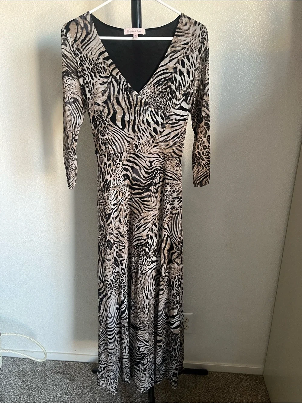 Wrap Maxi Dress in Beige & Black Animal Print with Tie Waist